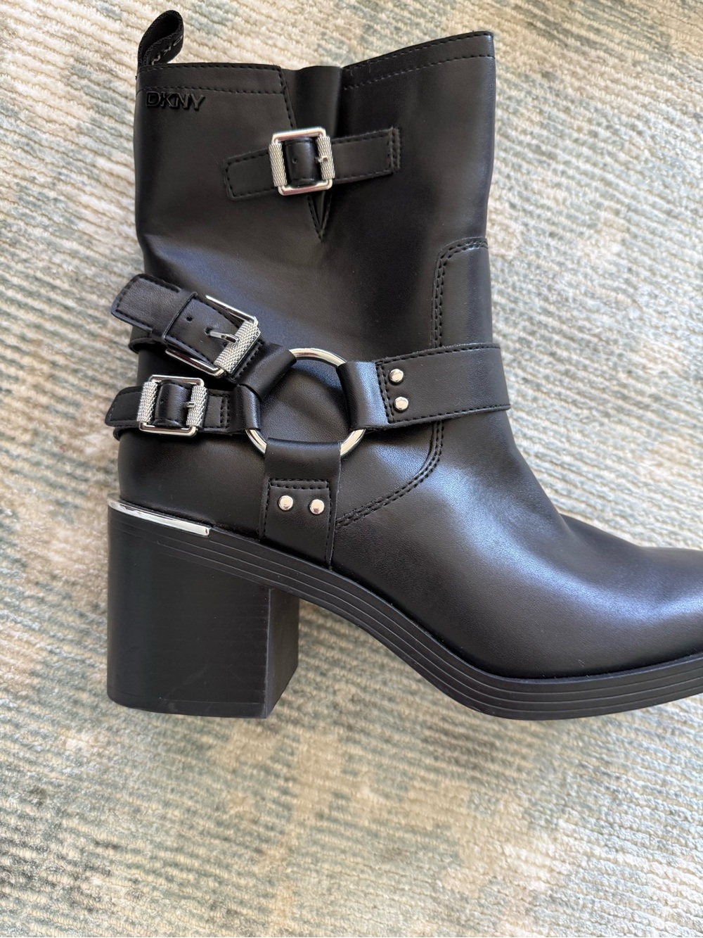 DKNY Black Vegan Leather Ring-Buckle Block Heel Ankle Boots